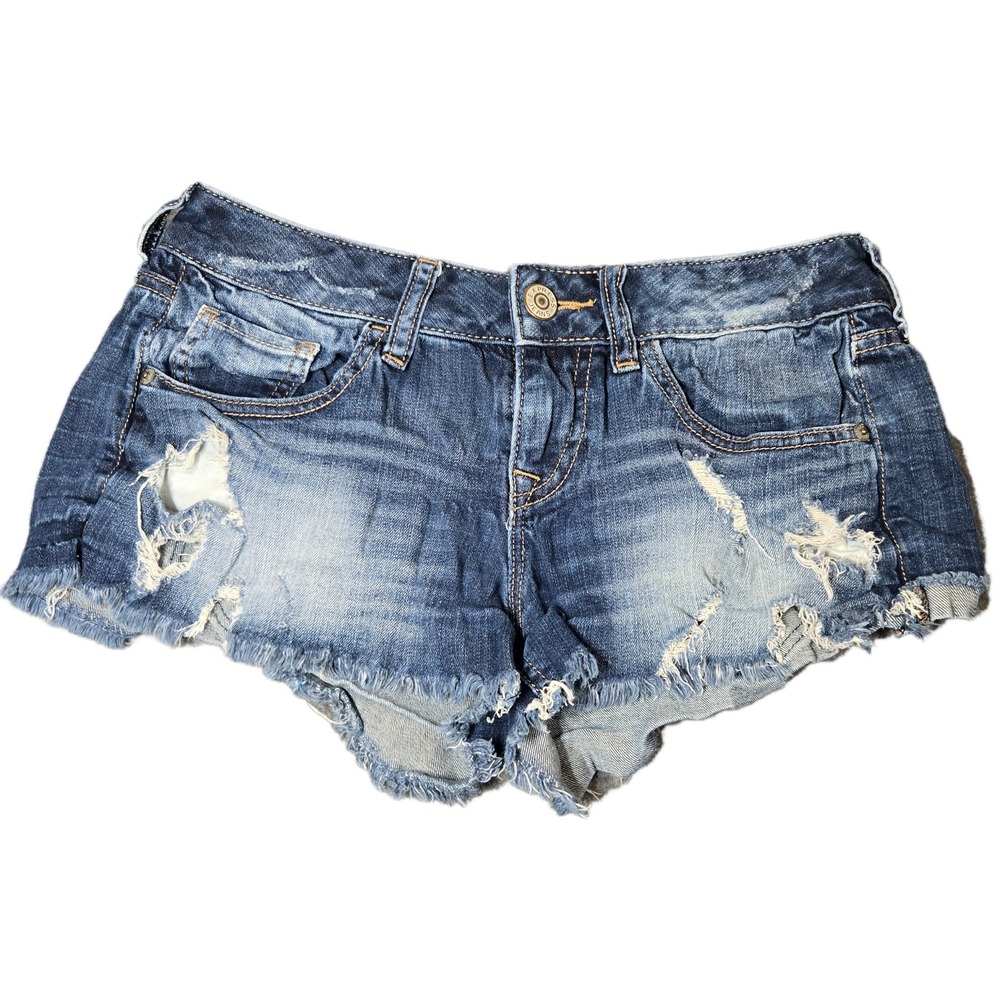 Express Jeans Womens Sz 2 Distressed Denim Cut Off Shorts Blue Raw Hem Low Rise